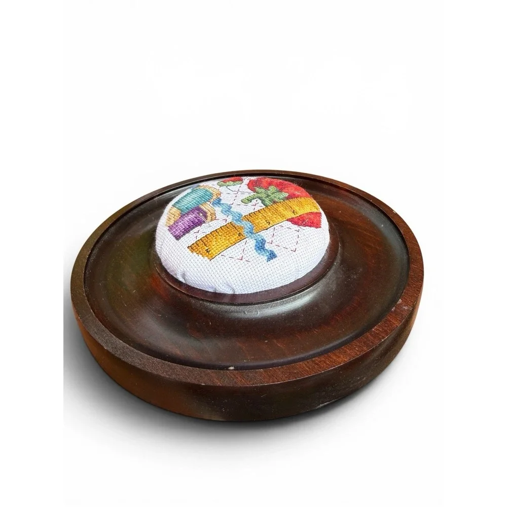 Vintage SUDBERRY House Mahogany Cross Stitched Pincushion Tray